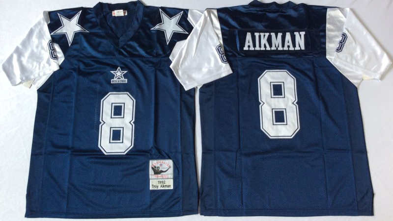 Dallas Cowboys 1992 #8 Troy AIKMAN Mitchell & Ness Navy Legacy NFL Jersey