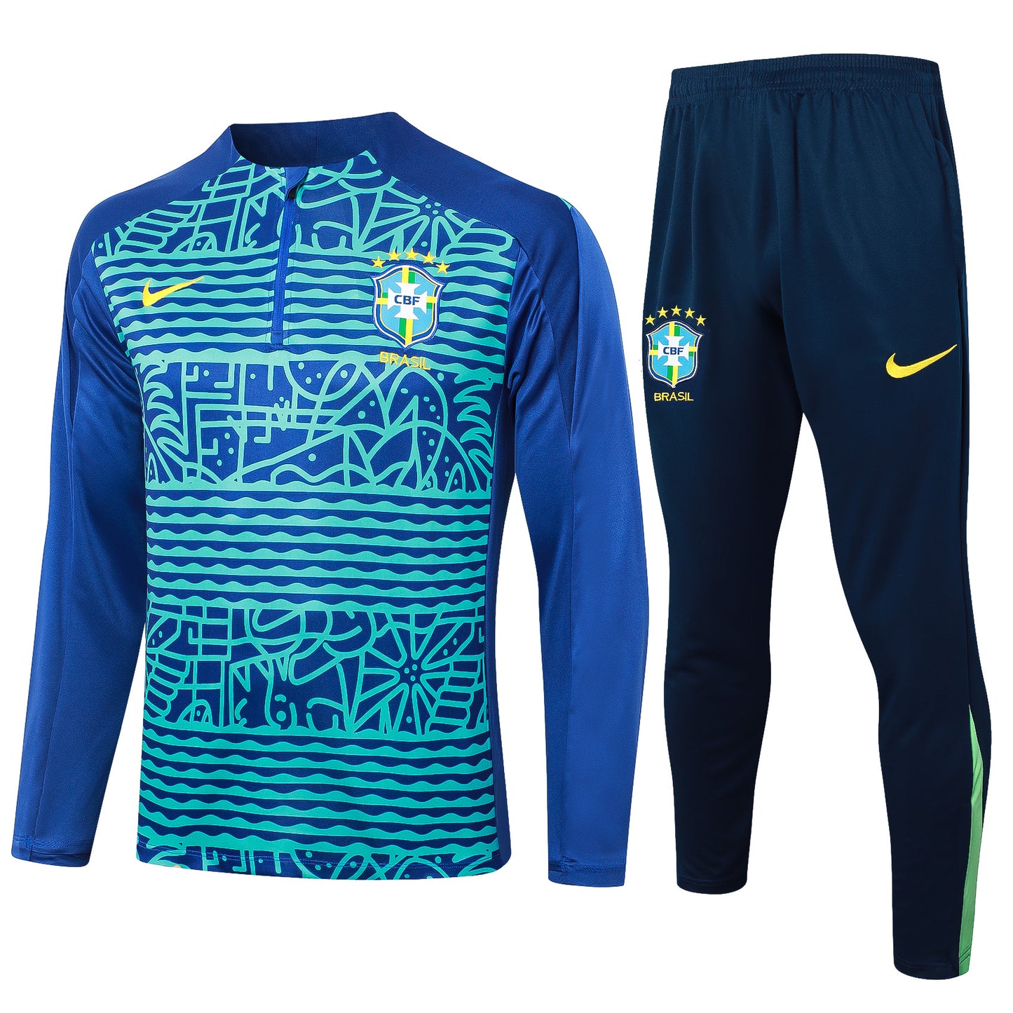 Brazil 2024 Blue Pattern Half-Zip Training Tracksuit Set