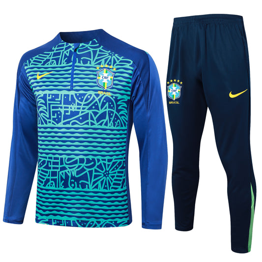 Brazil 2024 Blue Pattern Half-Zip Training Tracksuit Set
