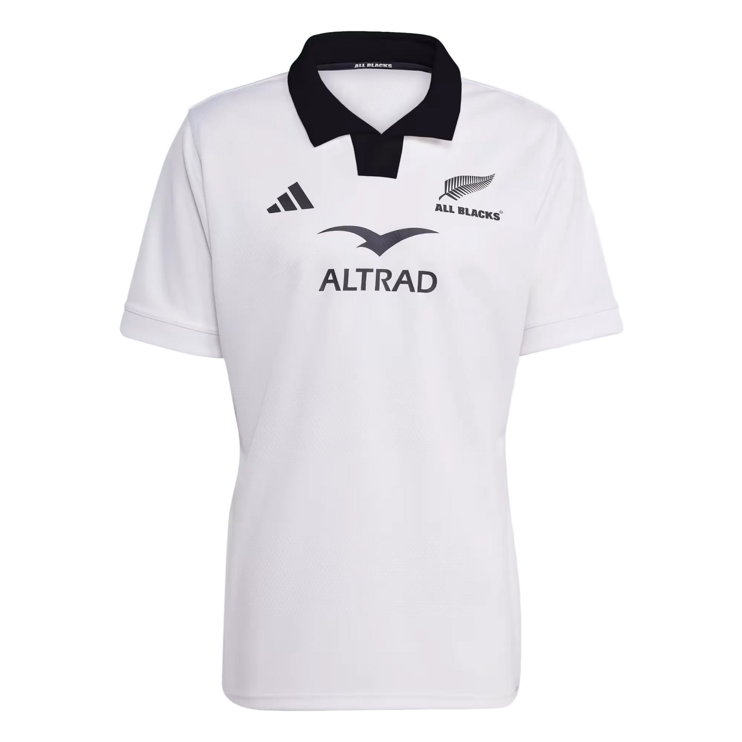 White sports jersey with black collar and branding on a white background