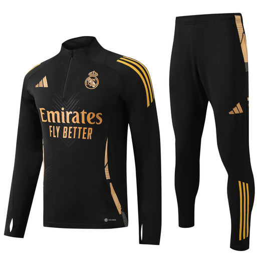 Real Madrid 2024-25 Black and Gold Half-Zip Training Tracksuit Set
