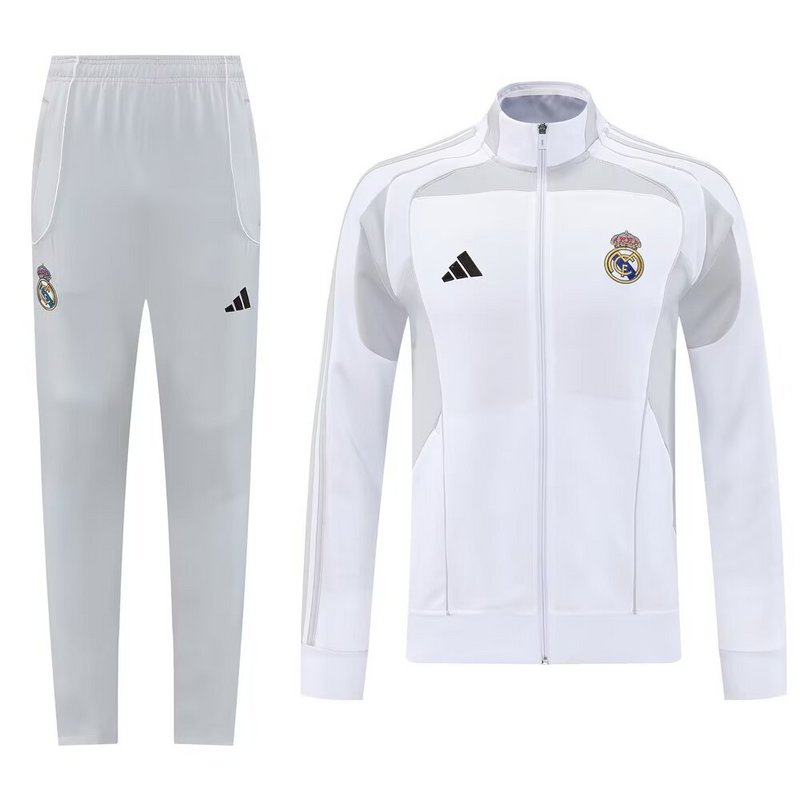 Real Madrid 2025/26 White and Grey Full-Zip Tracksuit Set