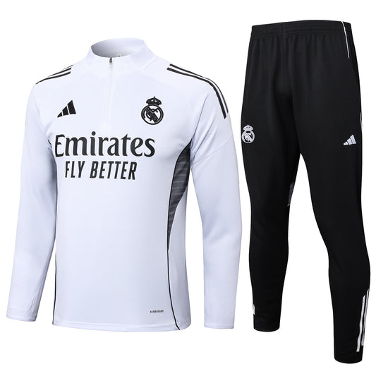 Real Madrid 2025/26 White and Black Half-Zip Training Tracksuit Set