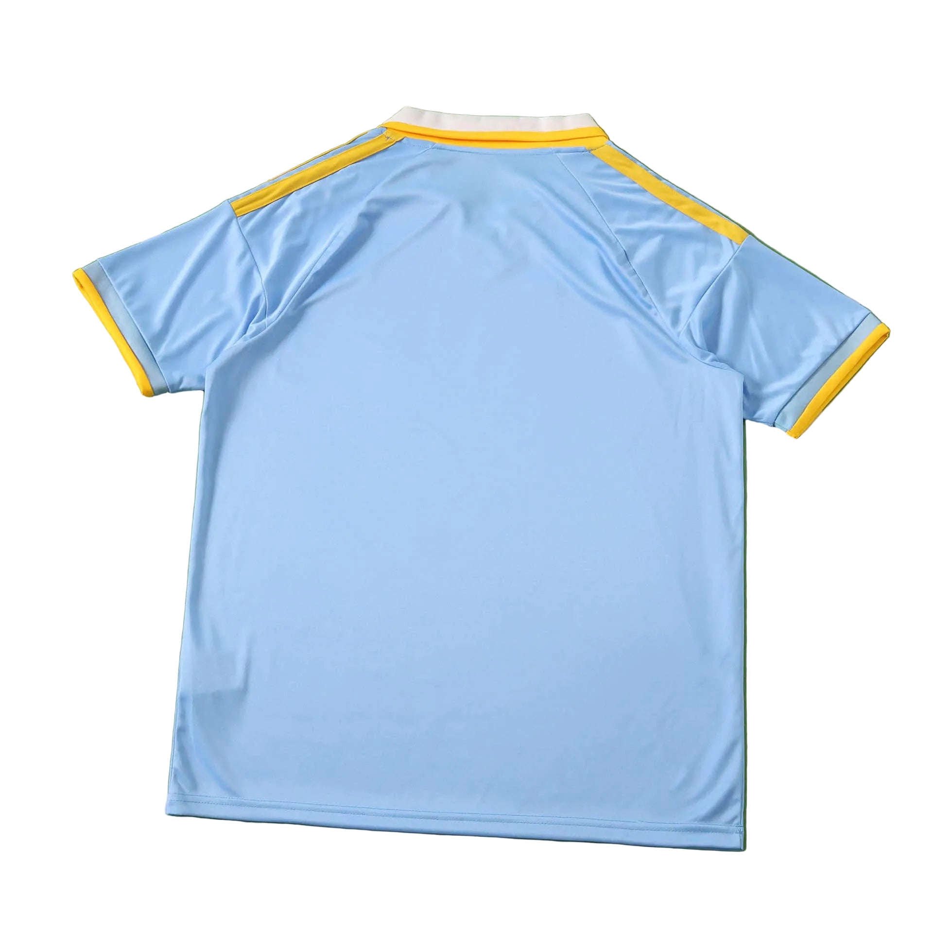 Light blue sports jersey with yellow accents on a green field background
