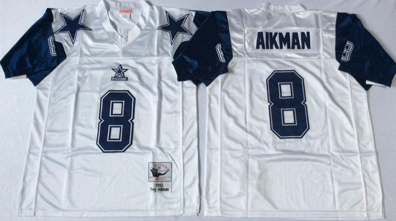 Dallas Cowboys 1992 #8 Troy AIKMAN Mitchell & Ness White Legacy NFL Jersey